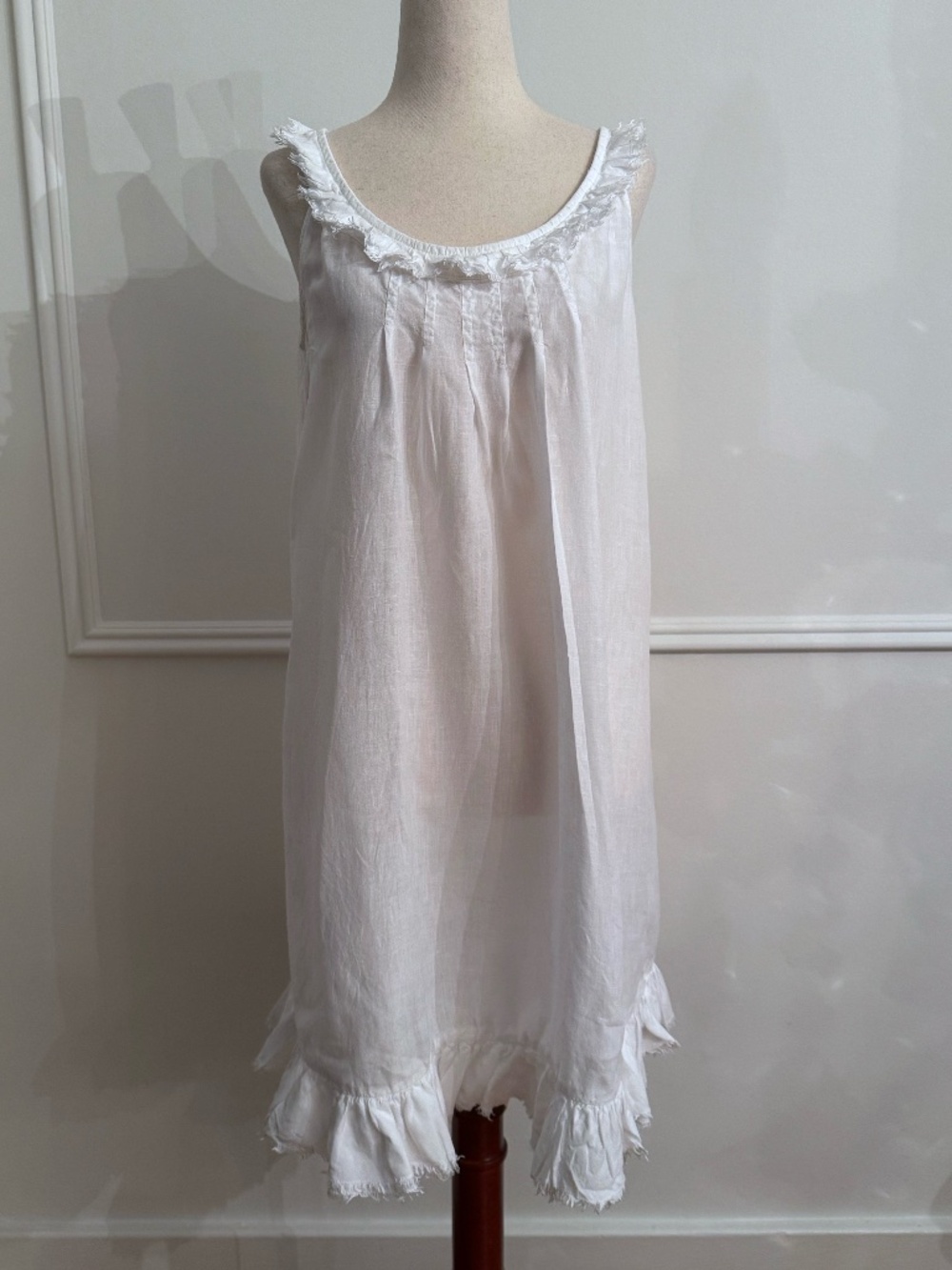 Calypso St Barth Christiane Celle White Linen Ruffle Pintuck Chemise Dress Sz S